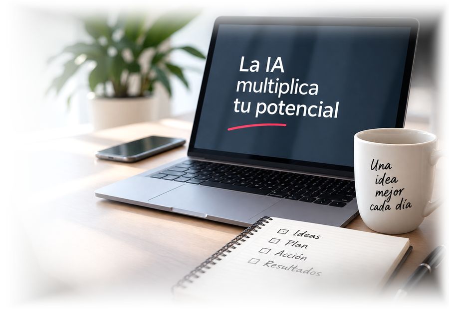 Portátil con el mensaje «La IA multiplica tu potencial» sobre una mesa de trabajo